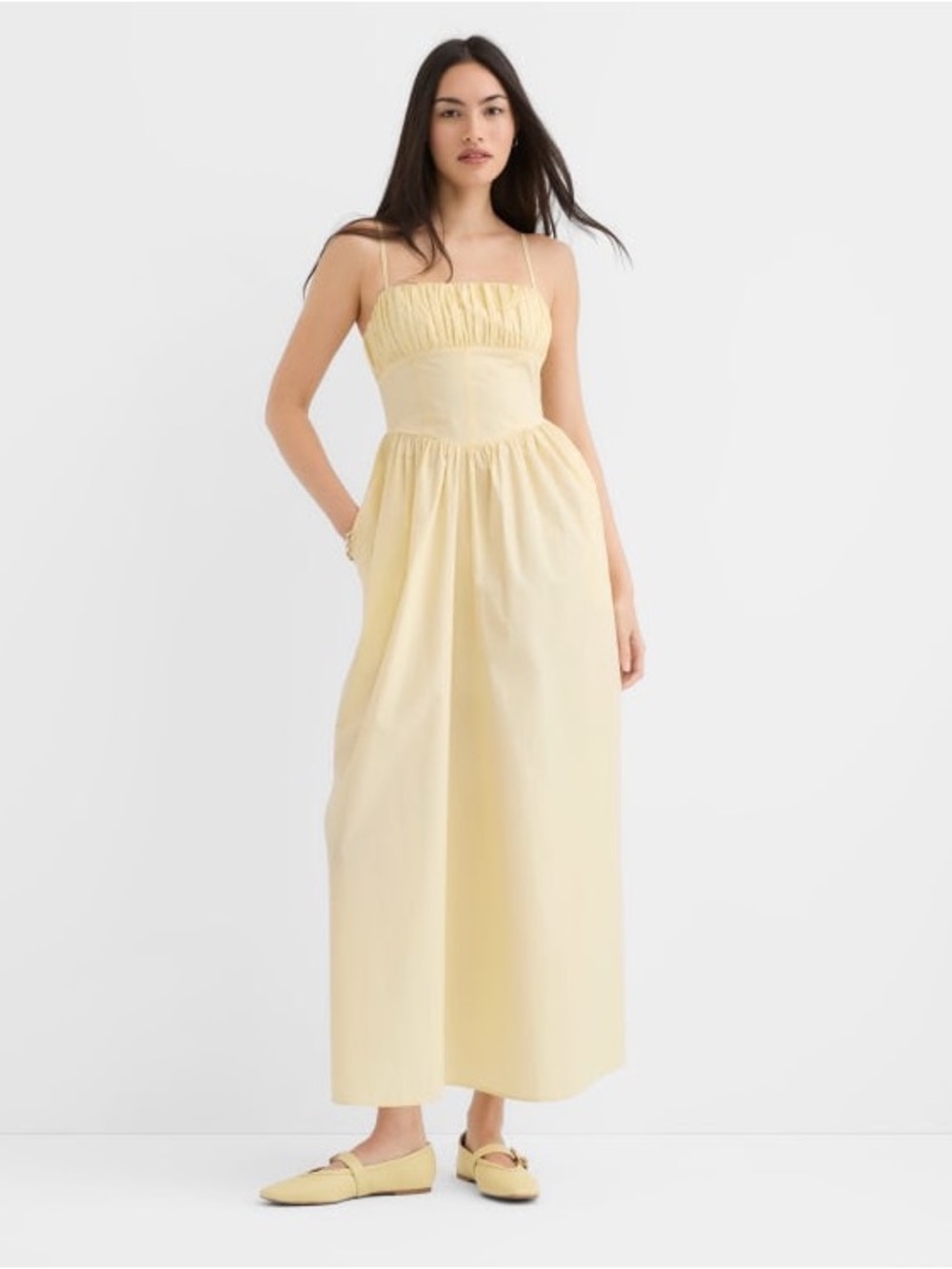 LOFT NWT petite poplin bustier butter yellow midi pocket dress
